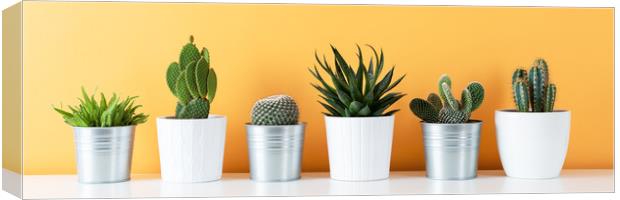 Cactus plants in flowerpots against yellow colored Canvas Print by Andrea Obzerova