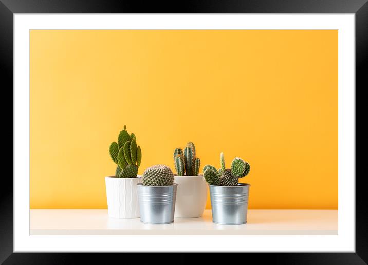 Cactus plants in flowerpots against yellow colored Framed Mounted Print by Andrea Obzerova