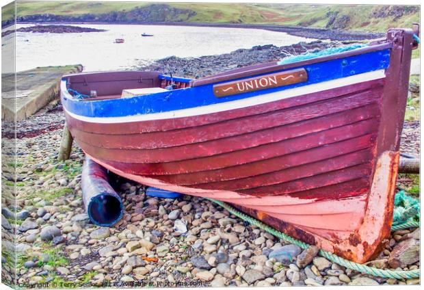 Union Fishing Boat on the Meanish Pier, Loch Poolt Canvas Print by Terry Senior