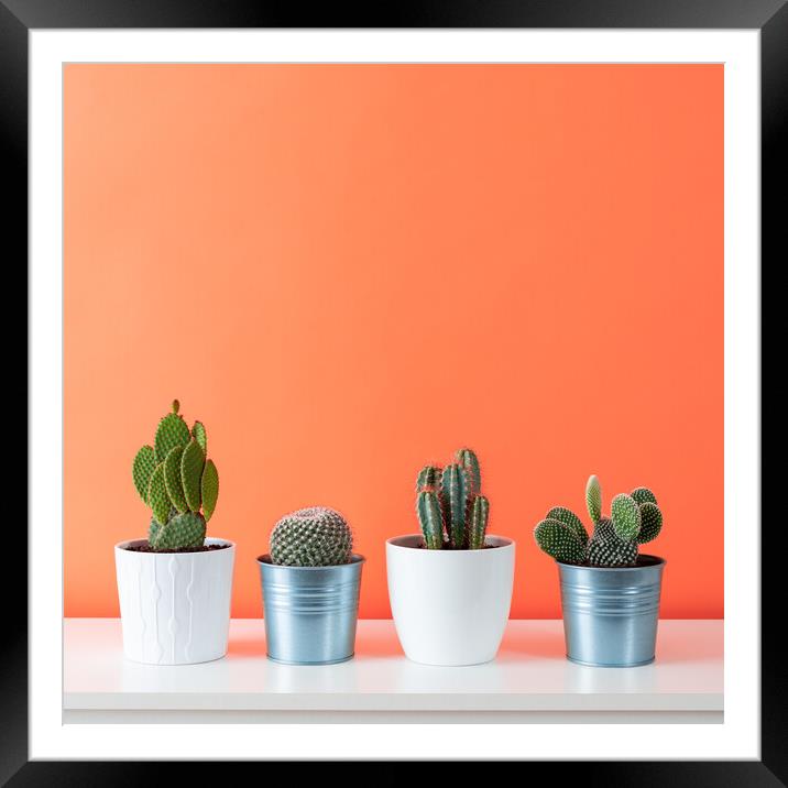 Collection of various cactus plants on white shelf. Framed Mounted Print by Andrea Obzerova