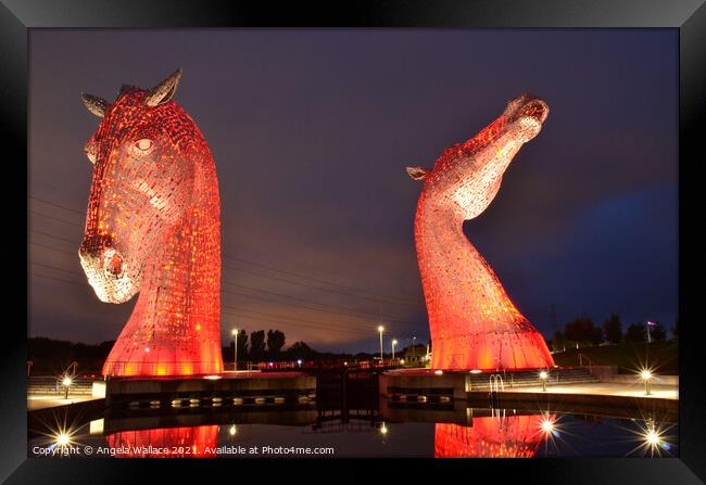 illuminated Kelpies with reflection Framed Print by Angela Wallace