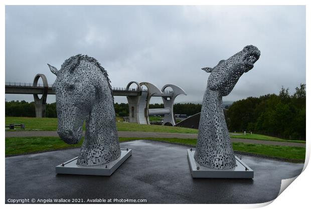 The Kelpies visit The Falkirk Wheel Print by Angela Wallace