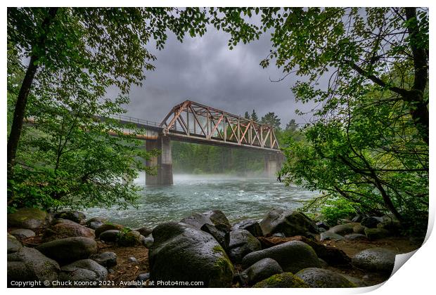Rail road bridge over the Skykomish River Railroad in Western Washington state. Print by Chuck Koonce