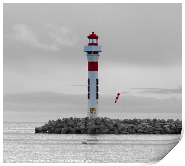 Lighthouse at Cannes with monochrome background Print by Ann Biddlecombe