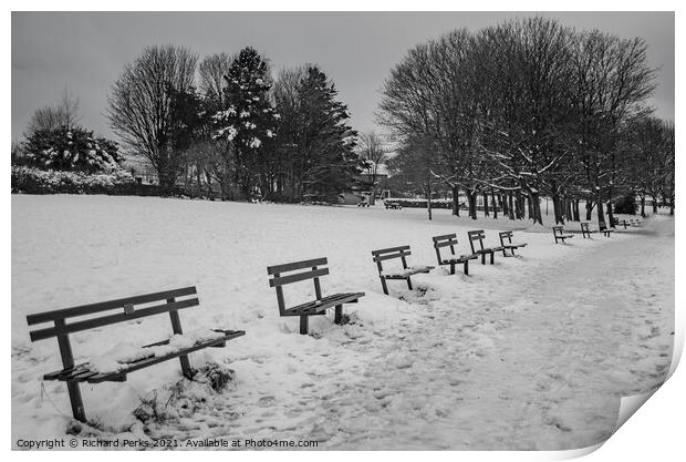 Seats in the snow Print by Richard Perks