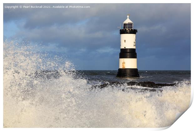 Rough Seas by Penmon Lighthouse on Anglesey Print by Pearl Bucknall