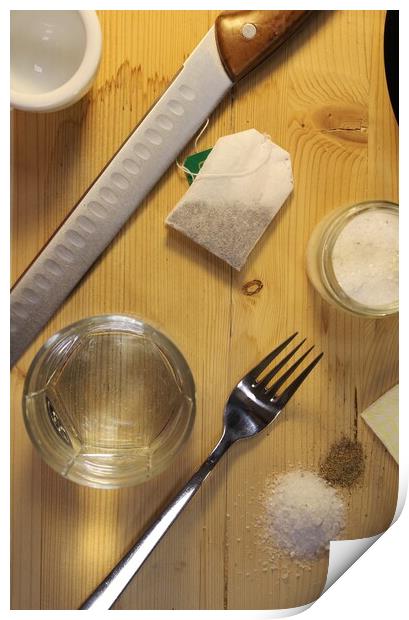 cutting board with cutlery and glass Print by Andrei Babchanok