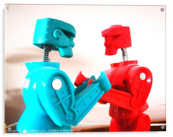 Retro Rock Em Sock Em Robot Toy Acrylic by Fiona Williams