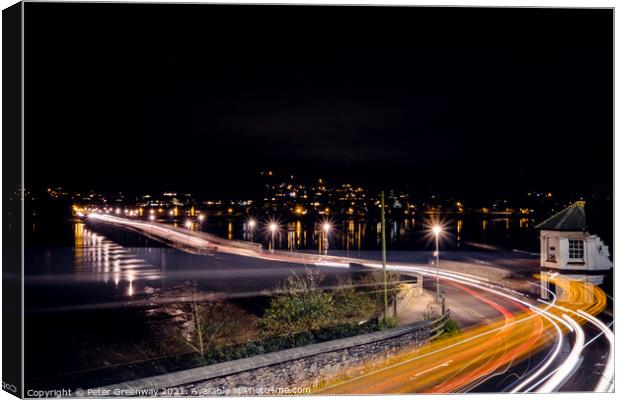 Traffic Light Trails Across The Famous Shaldon Bri Canvas Print by Peter Greenway