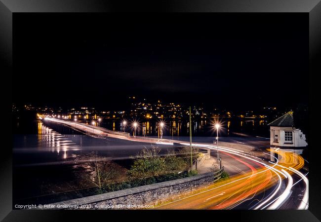 Traffic Light Trails Across The Famous Shaldon Bri Framed Print by Peter Greenway