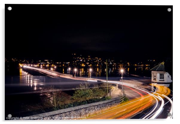 Traffic Light Trails Across The Famous Shaldon Bri Acrylic by Peter Greenway