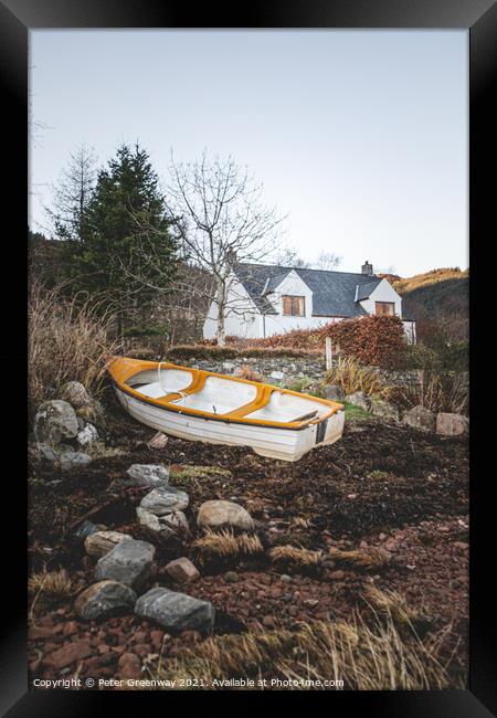 Rowing Boat Beached At Ratagan Beach In The Scottish Highlands Framed Print by Peter Greenway
