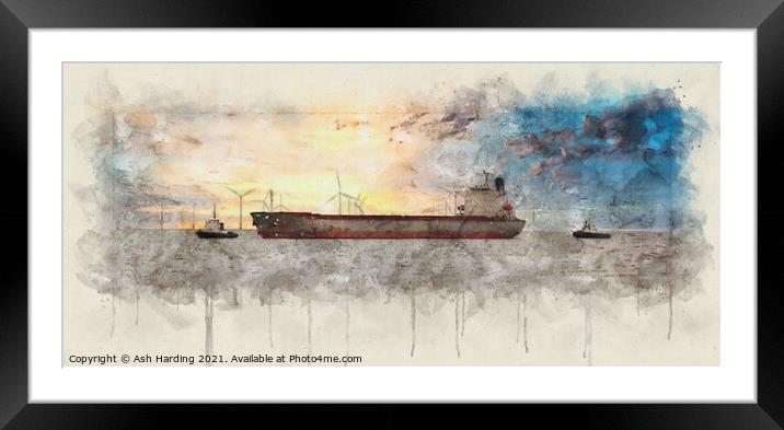 Tugboats and Tanker Digi Art  Framed Mounted Print by Ash Harding