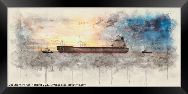 Tugboats and Tanker Digi Art  Framed Print by Ash Harding