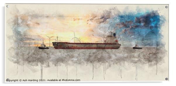 Tugboats and Tanker Digi Art  Acrylic by Ash Harding