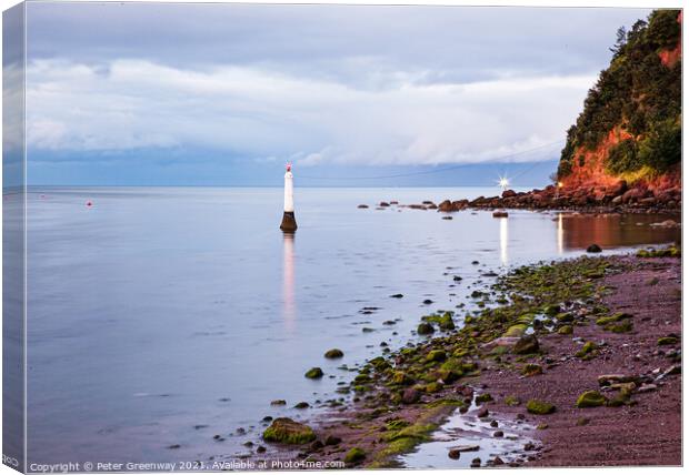 Shaldon Beach, Harbour Lighthouse And The Famous N Canvas Print by Peter Greenway