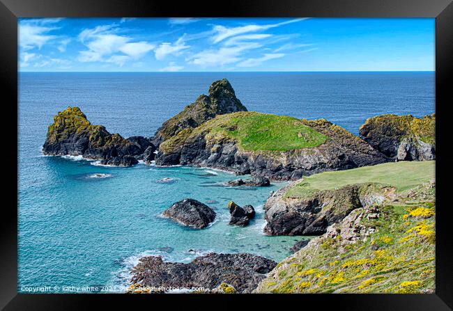 Kynance Cove on a sumer day,Cornish beaches,coast, Framed Print by kathy white