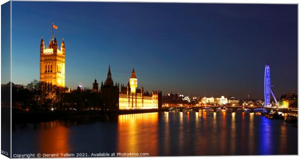 Houses of Parliament, Westminster Bridge, London Eye from Lambeth bridge at twilight, London, UK Canvas Print by Geraint Tellem ARPS