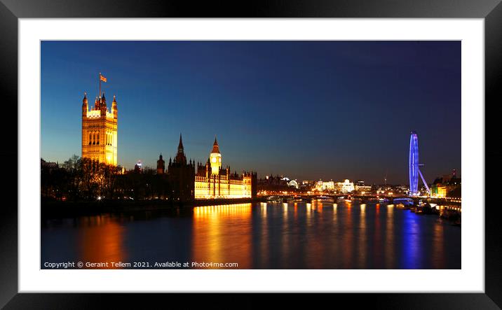 Houses of Parliament, Westminster Bridge, London Eye from Lambeth bridge at twilight, London, UK Framed Mounted Print by Geraint Tellem ARPS