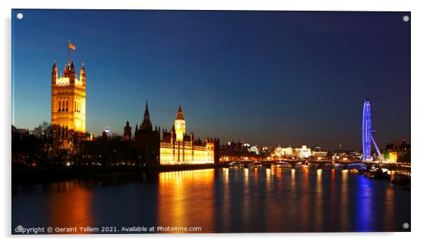 Houses of Parliament, Westminster Bridge, London Eye from Lambeth bridge at twilight, London, UK Acrylic by Geraint Tellem ARPS