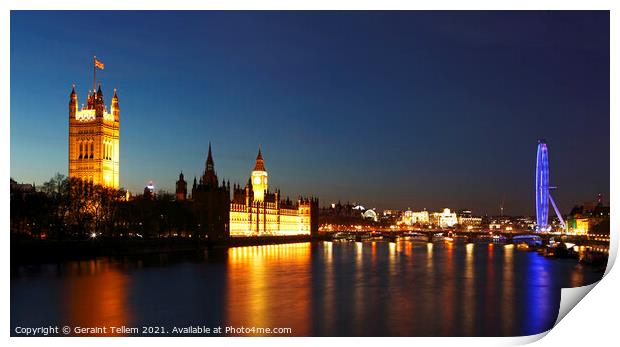 Houses of Parliament, Westminster Bridge, London Eye from Lambeth bridge at twilight, London, UK Print by Geraint Tellem ARPS