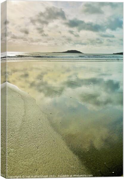 Cloud Reflections On Millendreath Beach, Cornwall. Canvas Print by Neil Mottershead