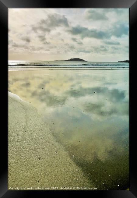 Cloud Reflections On Millendreath Beach, Cornwall. Framed Print by Neil Mottershead