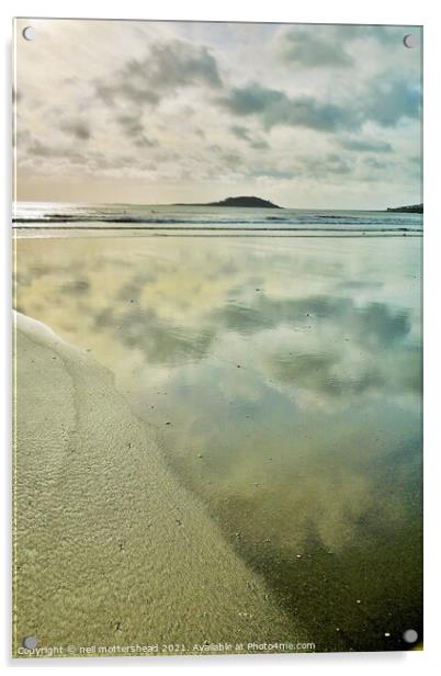 Cloud Reflections On Millendreath Beach, Cornwall. Acrylic by Neil Mottershead