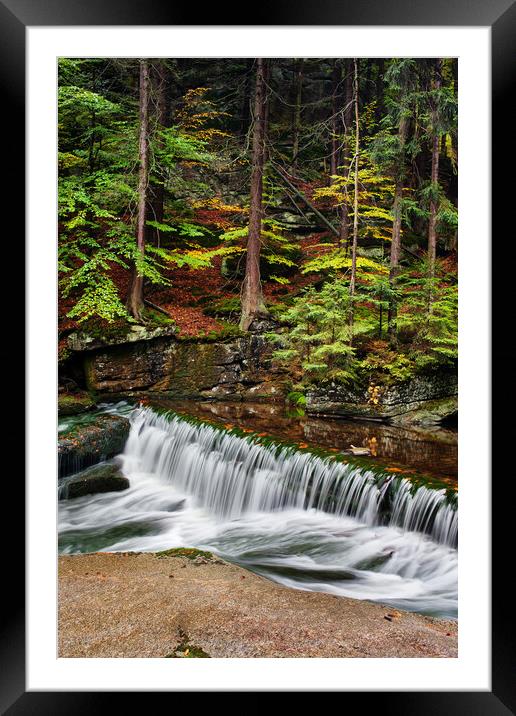 Stream With Water Cascade In Autumn Forest Framed Mounted Print by Artur Bogacki