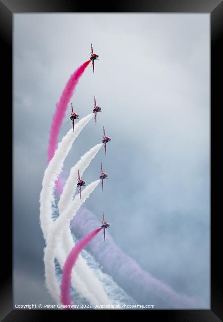 The Red Arrows Displaying At Farnborough International Airshow Framed Print by Peter Greenway