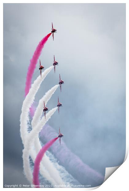 The Red Arrows Displaying At Farnborough International Airshow Print by Peter Greenway