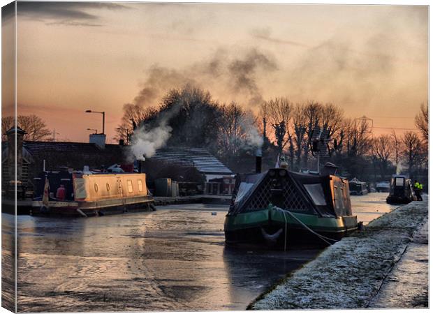 Sunset on the Frozen Lancaster Canal Canvas Print by Lilian Marshall