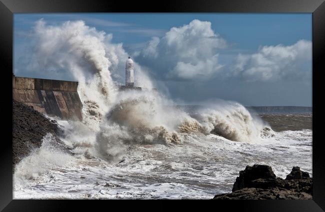 Porthcawl lighthouse in a storm (5) Framed Print by Chris Drabble