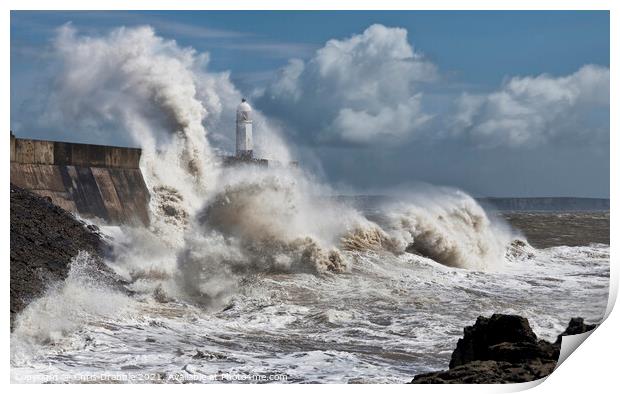 Porthcawl lighthouse in a storm (5) Print by Chris Drabble