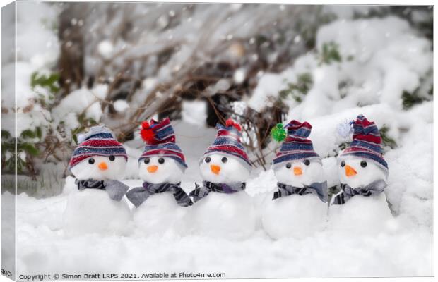 Five cute snowmen dressed for winter Canvas Print by Simon Bratt LRPS