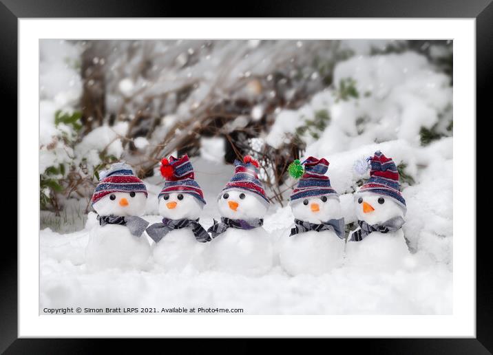 Five cute snowmen dressed for winter Framed Mounted Print by Simon Bratt LRPS