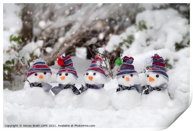 Five cute snowmen dressed for winter Print by Simon Bratt LRPS