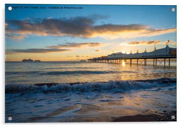 Paignton Pier Sunrise Acrylic by John Fowler