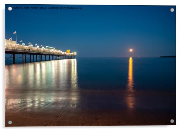 Paignton Pier By Moonlight Acrylic by John Fowler