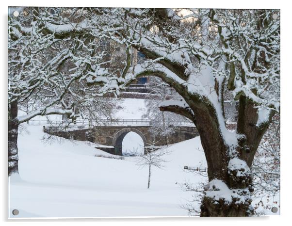 A snowy scene in Callendar Park, Falkirk.  Acrylic by Tommy Dickson