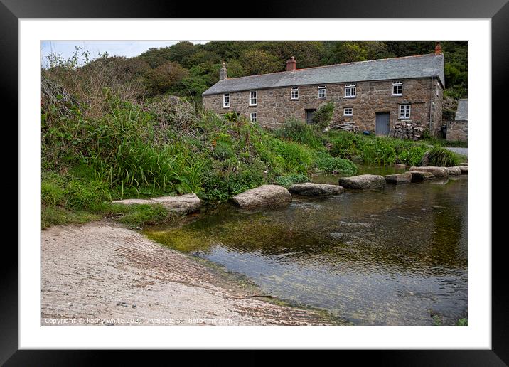stepping stones across river at Penberth Cove  Framed Mounted Print by kathy white