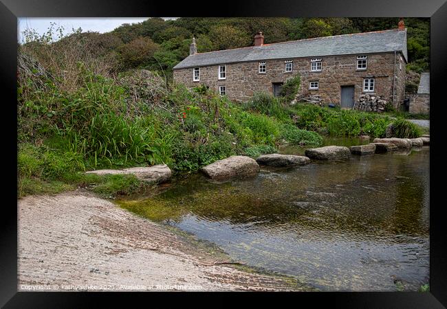 stepping stones across river at Penberth Cove  Framed Print by kathy white