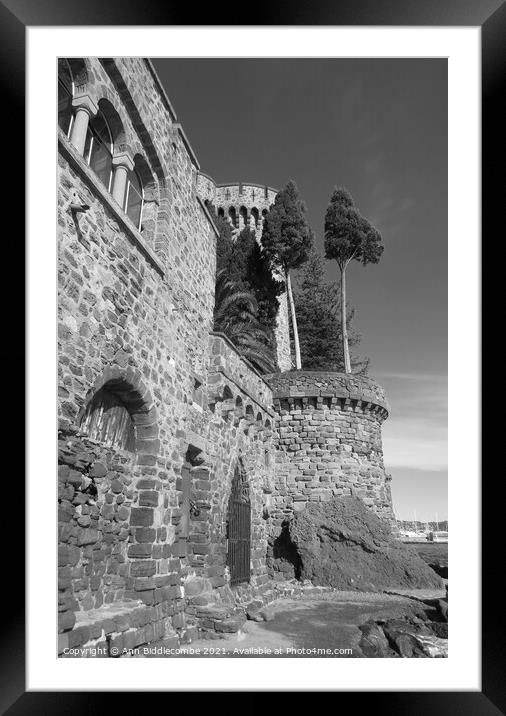 Monochrome the sea front of Château de la Napoule Framed Mounted Print by Ann Biddlecombe