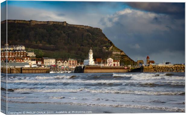 Scarborough lighthouse and sea front  233 Canvas Print by PHILIP CHALK
