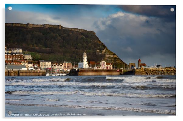 Scarborough lighthouse and sea front  233 Acrylic by PHILIP CHALK