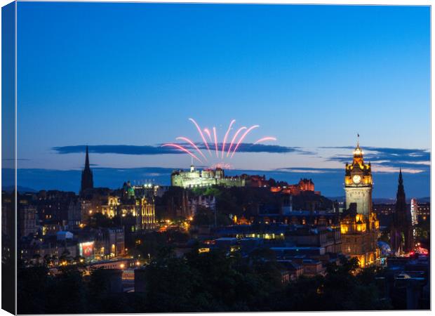 Edinburgh Festival Fireworks over the castle.  Canvas Print by Tommy Dickson