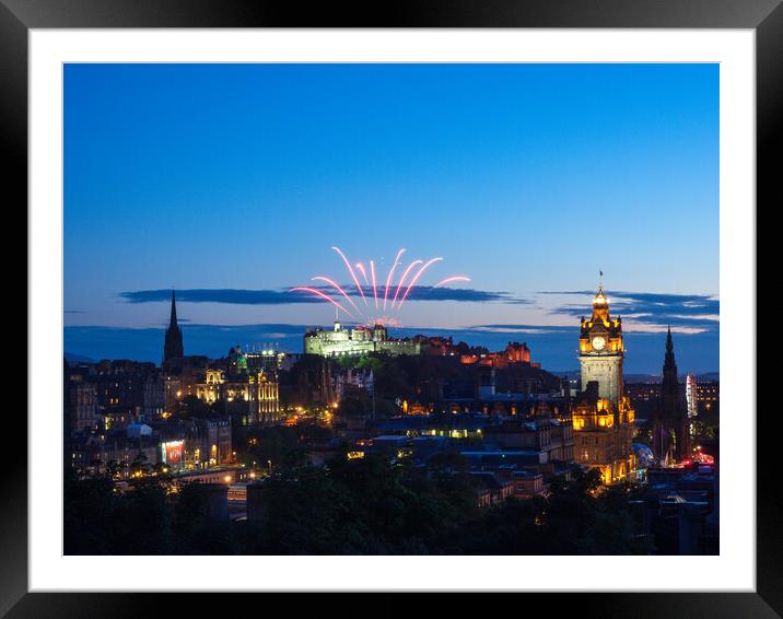 Edinburgh Festival Fireworks over the castle.  Framed Mounted Print by Tommy Dickson