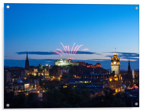 Edinburgh Festival Fireworks over the castle.  Acrylic by Tommy Dickson