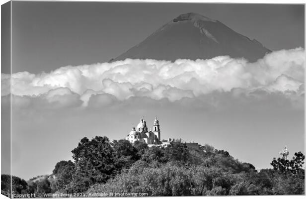 Black White Our Lady Remedies Church Volcano Cholulu Puebla Mexi Canvas Print by William Perry