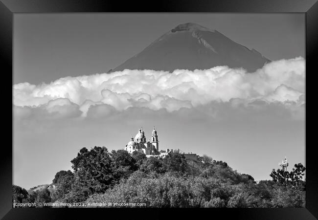 Black White Our Lady Remedies Church Volcano Cholulu Puebla Mexi Framed Print by William Perry